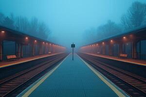 Empty train station platform covered in fog at dusk photo