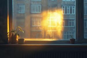 Plants on windowsill with sunlight shining through dirty window in apartment building photo
