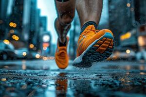 Athlete running in the rain in a city street photo