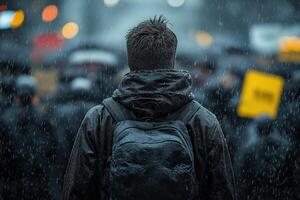 Man with backpack standing in rain watching protesters photo
