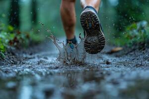 Trail runner splashing through muddy puddle in forest photo