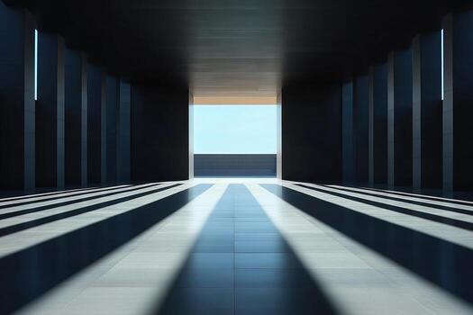 Modern empty room with columns and light beams creating long shadows photo