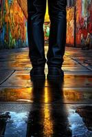 Man standing in dark alley with graffiti and reflections photo