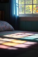 Sunlight shining through window onto bed in bedroom photo