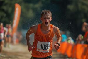 Determined athlete running through water obstacle in obstacle course race photo