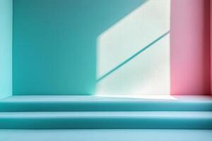 Empty two steps podium on turquoise and pink pastel colors background with window light photo