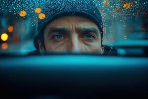 Man driving car at night in the rain watching carefully through windshield photo