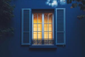 Illuminated window shining in the twilight on a blue wall photo