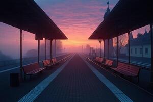 Empty train station platform at sunrise with fog and benches photo