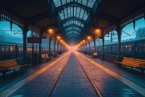 Empty train station platform at dusk with warm lights creating a nostalgic atmosphere photo