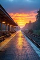 Empty train station platform at sunrise with fog and orange sky photo