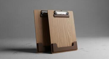 Two wooden clipboards with brown accents stand on a gray surface photo