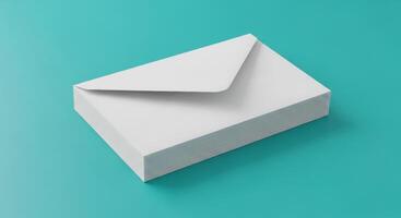 Stack of White Envelopes on a Turquoise Background, Minimalist Composition photo