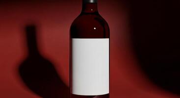 Elegant wine bottle with blank label against a rich red backdrop and dramatic shadow. photo