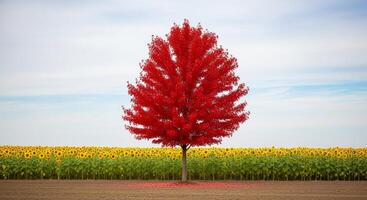 Vibrant Red Tree Amidst Sunflower Field Under a Pale Sky photo
