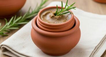 Rustic Terracotta Pot with Liver Pate and Rosemary Sprig on Linen Cloth photo