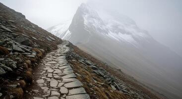 Misty Mountain Path A Stone Trail Ascends Towards a Snow-Dusted Peak in Dense Fog photo
