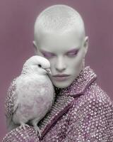 Portrait of a woman with glamorous eye makeup.A girl holds a pigeon.Conceptual photo session.