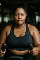 001 Authentic Plus-Size Woman Training in Gym. Realistic Fitness Lifestyle Photography photo