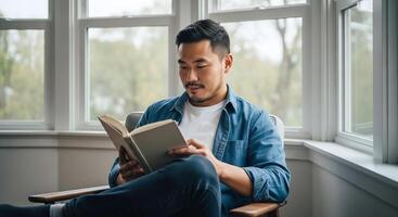 A man is reading a book while sitting in a chair photo