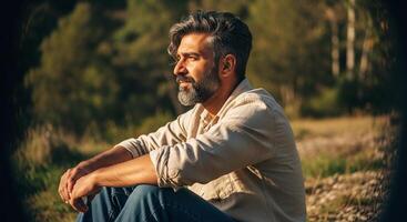 A man with a beard sitting on the ground photo