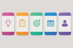 Vertical card layout with colorful business icons and labels vector