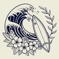 Surfboard with flowers and waves on a white background vector