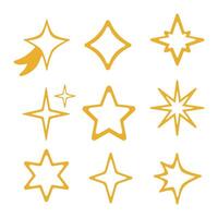 Golden linear stars with different geometric outlines on black background, featuring symmetrical and stylized celestial designs in an elegant minimalist style. vector