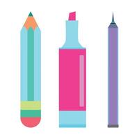 Colorful stationery items, including a pencil, a highlighter, and a pen. Minimalist design with bright, vibrant colors on a white background. Perfect for education, office, creative design concepts. vector