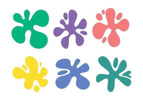 Colorful abstract paint blobs or splatter in various organic shapes on a white background, resembling ink splashes or liquid stains in green, purple, red, pinkish, blue, and teal. vector