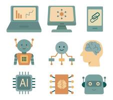 Flat design icons set featuring artificial intelligence, robots, neural networks, and computers. Includes chips, brains, and machine learning elements in soft pastel tones. Perfect set for socials vector