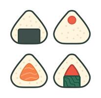 Cute onigiri rice balls with different fillings like seaweed, red fish, salmon, and umeboshi. Japanese food theme in flat style. vector