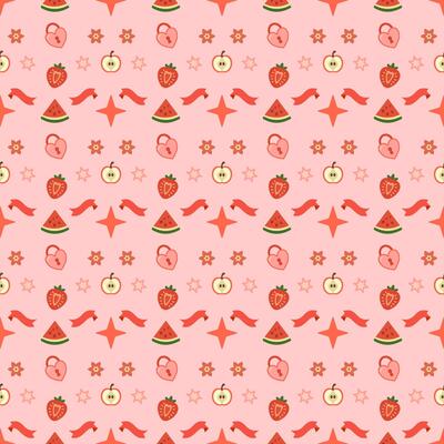 Seamless kawaii pattern with cute fruits, flowers, stars, and heart-shaped locks in red and pink tones on a pastel pink background. Perfect for kids' textiles, wrapping paper, modern designs.