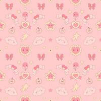 Seamless pattern with kawaii sweets on pink. Cute seamless repeat with donuts, clouds, bows and candy in pastel style. vector