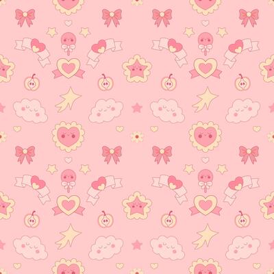 Seamless pattern with kawaii sweets on pink. Cute seamless repeat with donuts, clouds, bows and candy in pastel style.