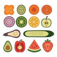 Set of colorful flat sliced fruits and vegetables, including tomato, cucumber, lemon, watermelon, avocado, and others. Healthy and fresh. vector