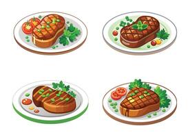 Set of four plates with meat, vegetables and tomatoes vector