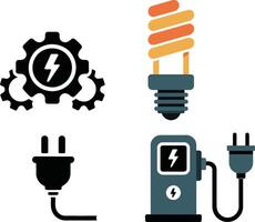 Renewable energy sources visualized with electric plug, charging station, and lightbulb. vector
