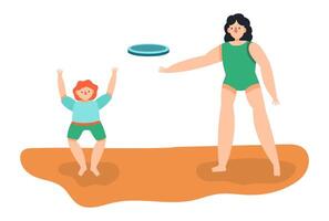 Mother and son enjoying a playful game of frisbee on the beach, with the child leaping into the air, eagerly trying to catch the frisbee thrown by his mother vector