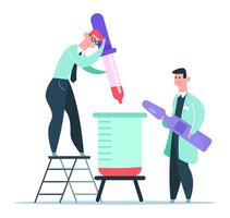 Two male scientists working together in a laboratory, adding reagent to a test tube during an experiment, using a dropper and a large pipette, standing on a ladder and smiling vector