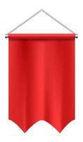 Red rectangular pennant with a wavy bottom edge hanging on a metal crossbar fixed to a wall with screws, waving in the wind on a white background vector