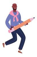 Smiling black man with a pink scarf is running while holding a big pencil, representing creativity, writing, drawing, and education, isolated on white background vector