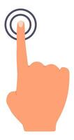 Cartoon hand with an extended index finger, pointing at a digital interface, representing interaction with touchscreen technology and the modern user experience in digital devices vector