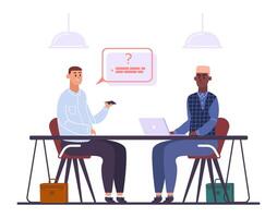 Two businessmen sitting at a table engage in a job interview, one asking questions while the other types on a laptop, facilitating a professional conversation about potential employment vector