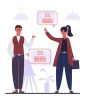 Two marketing managers discussing email marketing campaign and advertising strategy, pointing at speech bubbles with email icons and text simulating email body vector