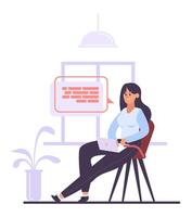 Freelancer working from home, sitting comfortably in a chair with a laptop on her legs, engaged in sending messages, chatting, or writing code in a cozy home office environment vector