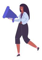 Smiling businesswoman walking and holding megaphone making announcement, advertising something, sharing news, protesting, attracting attention, giving speech, or fighting for equal rights vector
