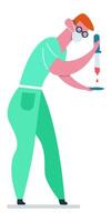 Laboratory technician wearing a mask and goggles, pouring vibrant red liquid from a pipette onto a small plate during a meticulous medical experiment in a high tech lab setting vector