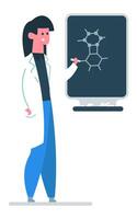 Scientist wearing lab coat drawing chemical formula on blackboard with piece of chalk during science lesson, teaching chemistry in university or school vector