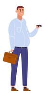 Smiling businessman or office worker in smart casual outfit is holding briefcase and using a smartphone, sending messages or browsing internet vector